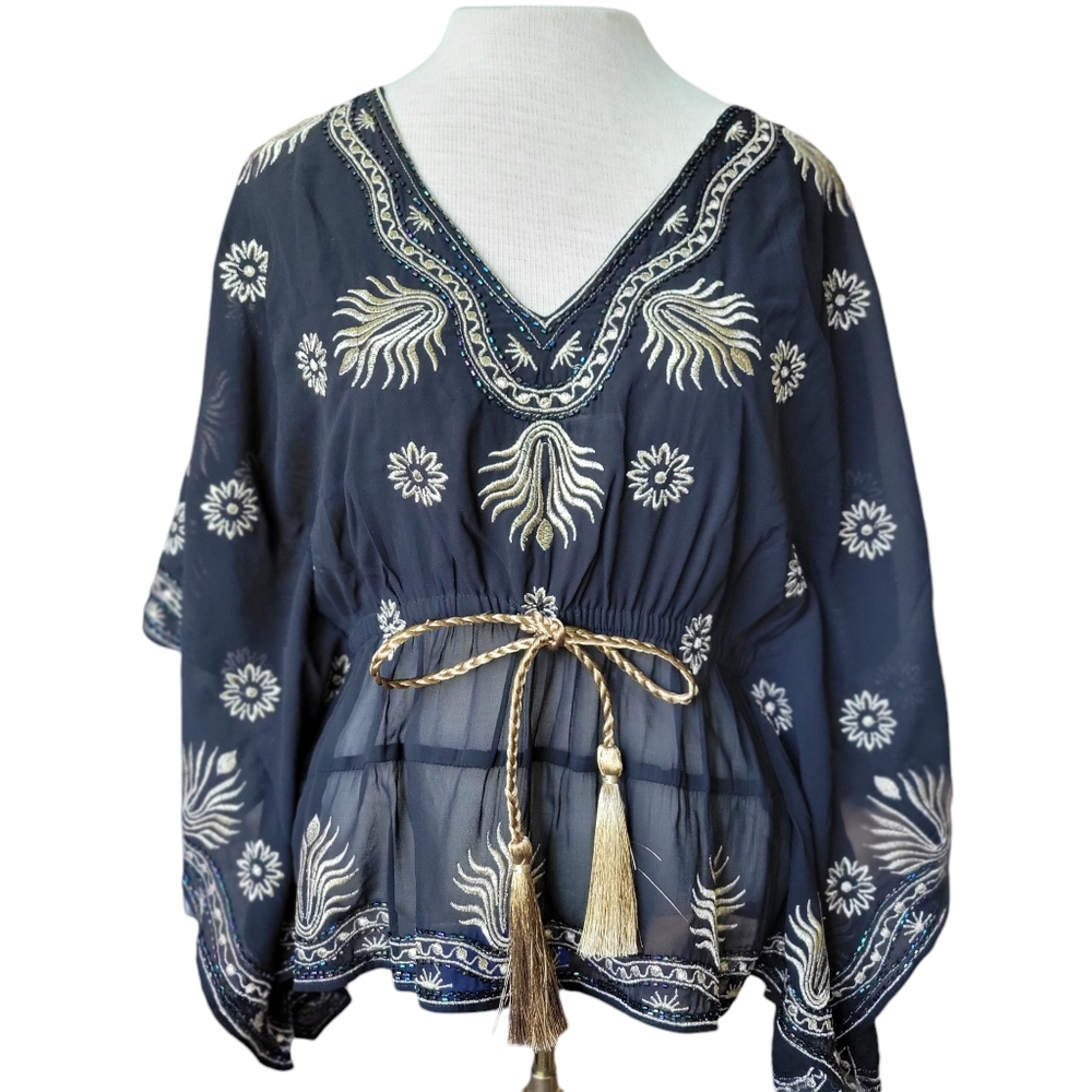 Venus Poncho Style Beaded and Embroidered Shirt Size-Small